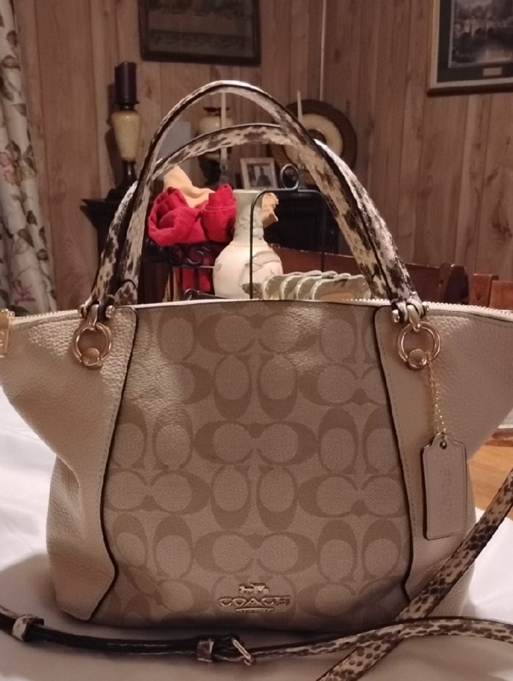 Coach Beige Signature Crossbody with Leopard- Trim